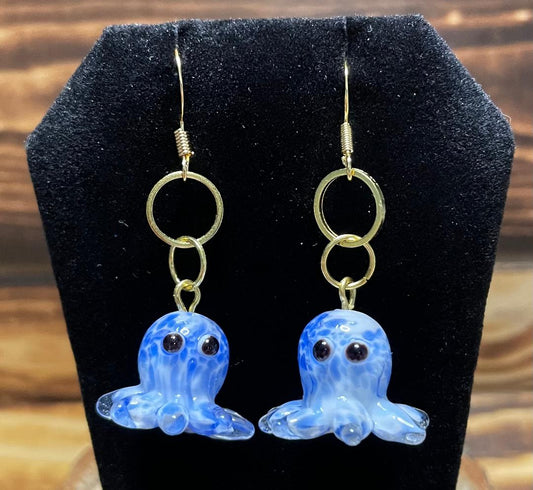 NEW Lampwork Marbled Glass Blue Octopus Earrings