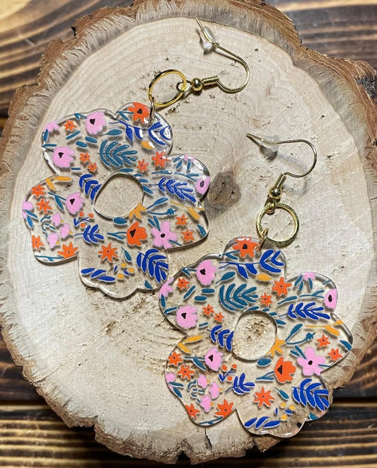 NEW Chic Flower Shaped Acrylic Pink Blue Orange Flower Accented Earrings