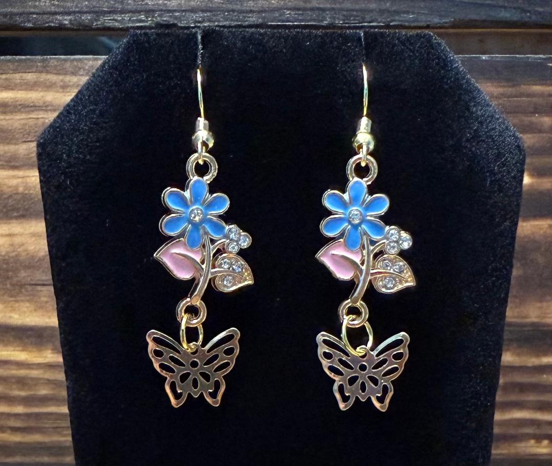 NEW Blue Flower Petal Enamel Earrings w/ Rhinestones & Butterfly Charms