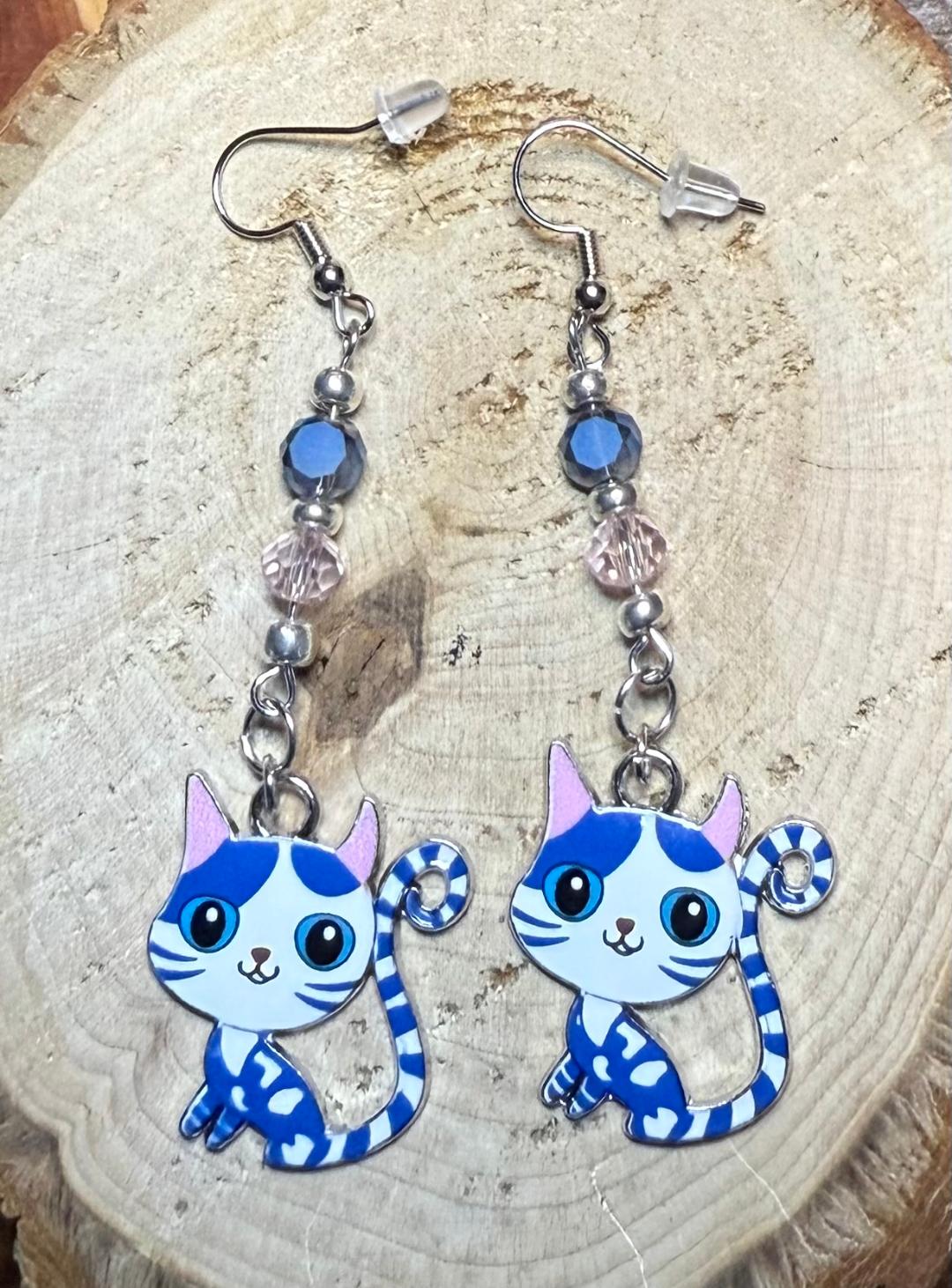 NEW Blue & Pink Cartoon Enamel Cat Kitten Earrings & Faceted Glass Bead