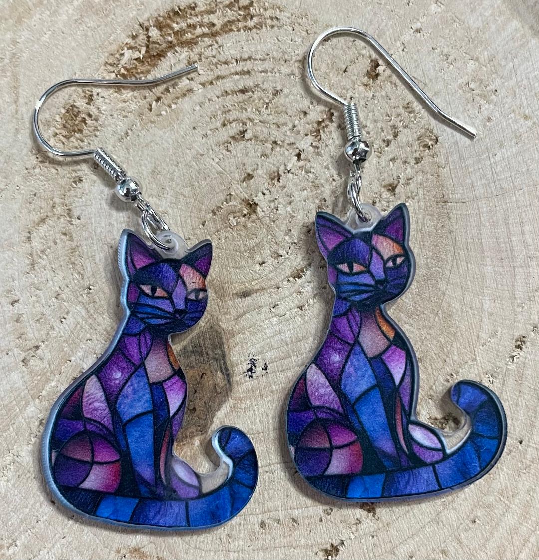 NEW Stained Glass Mosaic Style Blue / Purple Acrylic Cat Earrings
