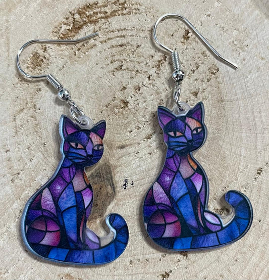 NEW Stained Glass Mosaic Style Blue / Purple Acrylic Cat Earrings
