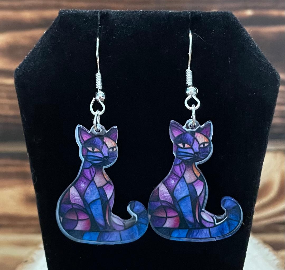NEW Stained Glass Mosaic Style Blue / Purple Acrylic Cat Earrings