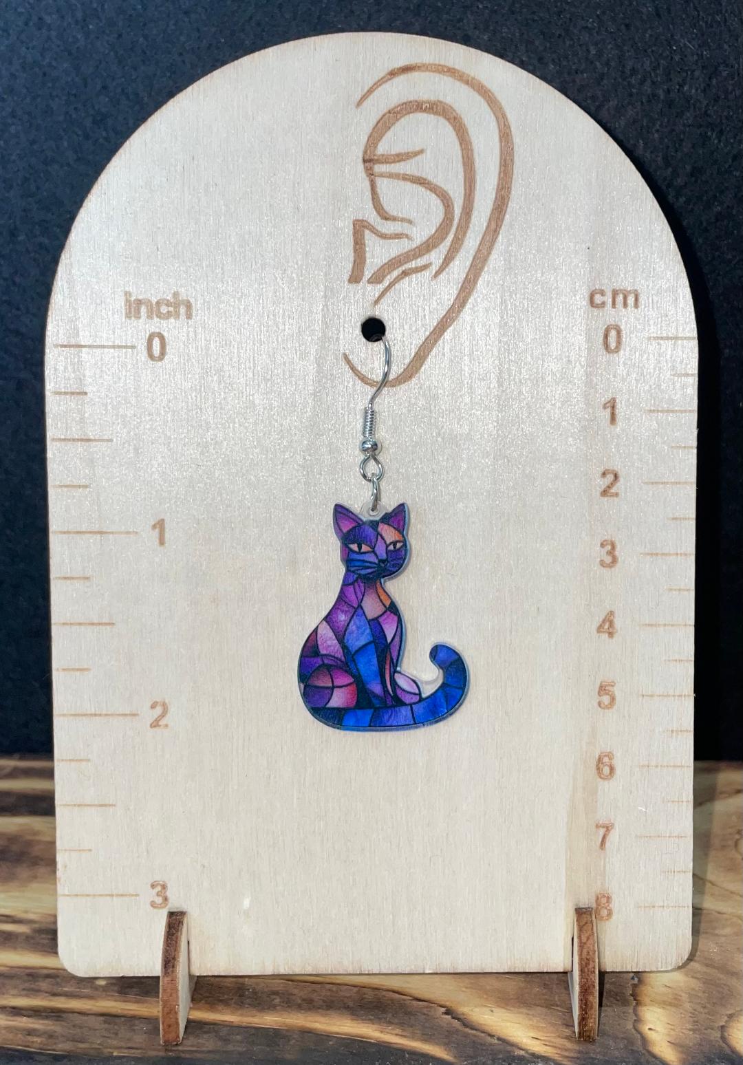 NEW Stained Glass Mosaic Style Blue / Purple Acrylic Cat Earrings