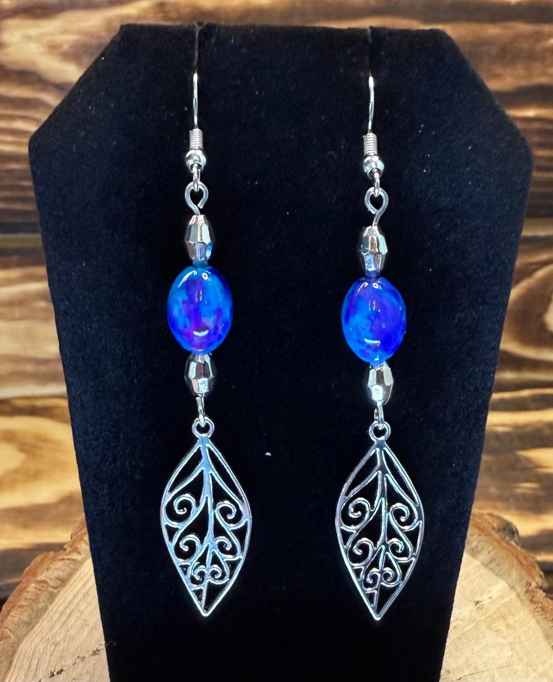 NEW Drop Leaf Earrings w/ Blue & Purple Glass Splatter Beads
