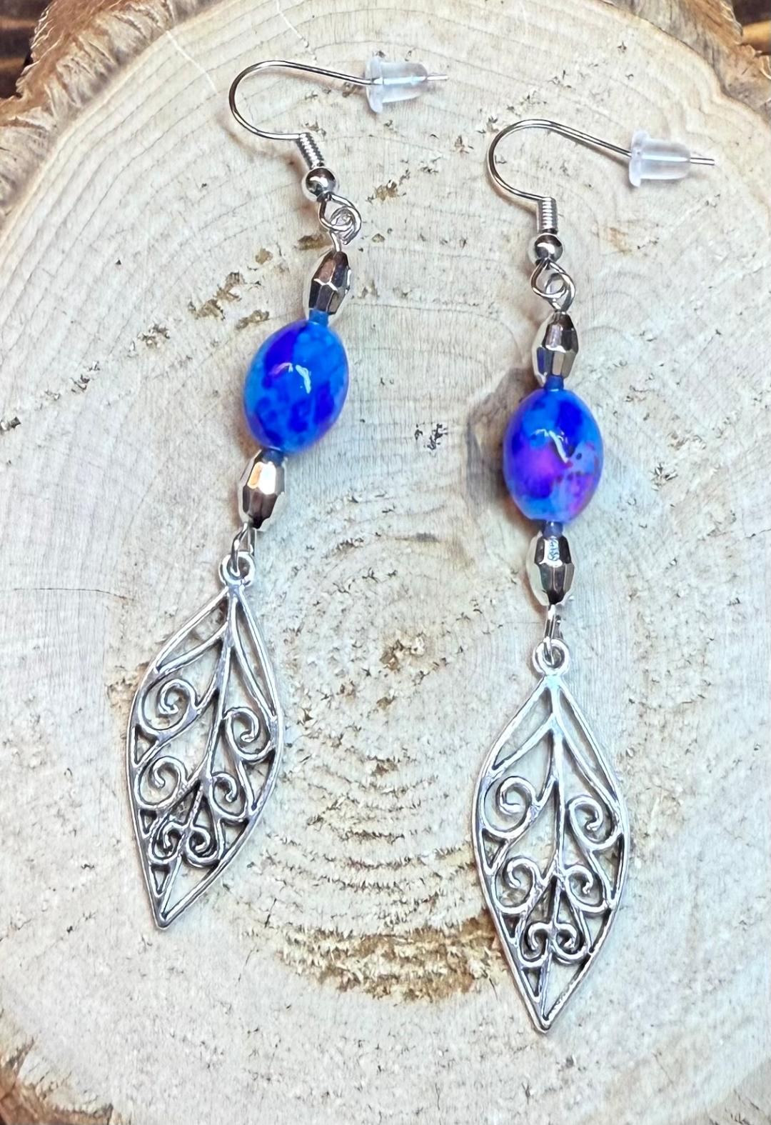 NEW Drop Leaf Earrings w/ Blue & Purple Glass Splatter Beads