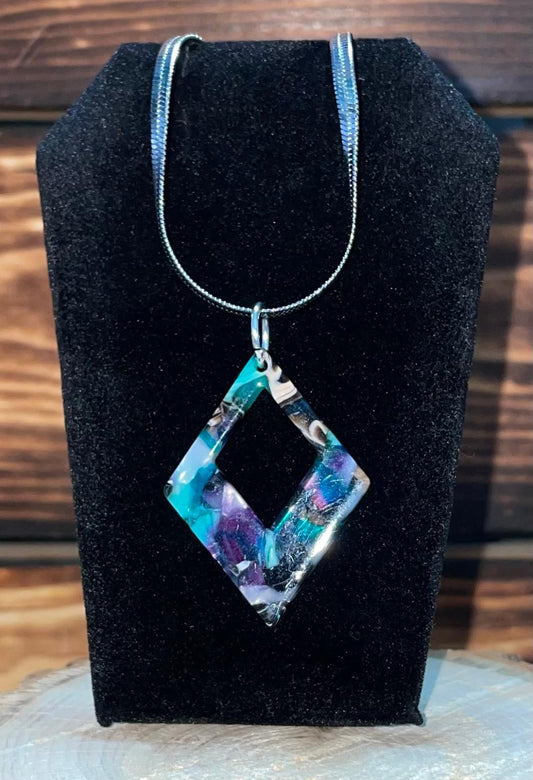 NEW Geometric Acrylic Tie Dye Charm & 16" Stainless Steel Chain Necklace