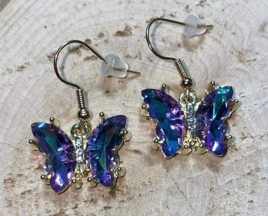 NEW Vibrant Iridescent Blue Rhinestone Butterfly & Gold Tone Earrings