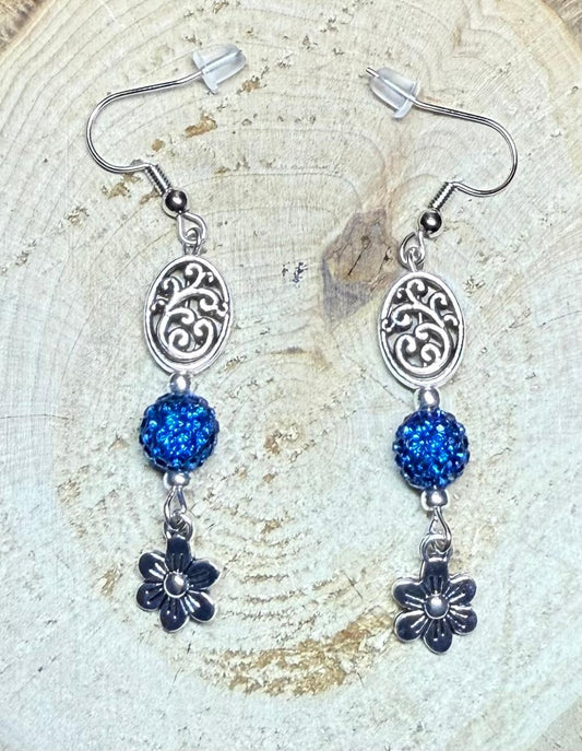 NEW Round Blue Rhinestone Beaded Earrings w/ Tiny Flowers