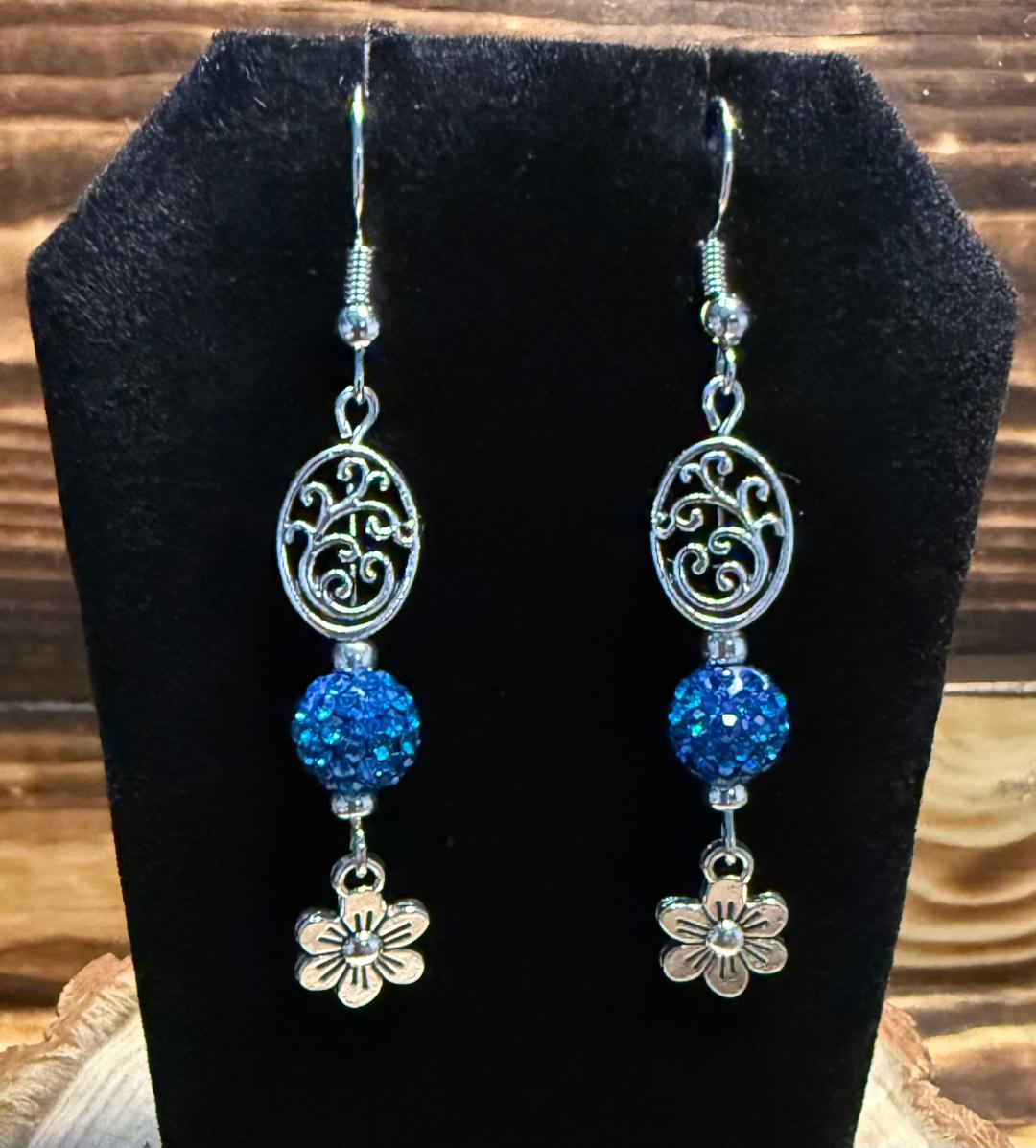 NEW Round Blue Rhinestone Beaded Earrings w/ Tiny Flowers