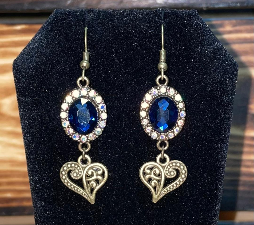 NEW Ocean Blue & Iridescent Rhinestone Dangle Drop Bronze Earrings