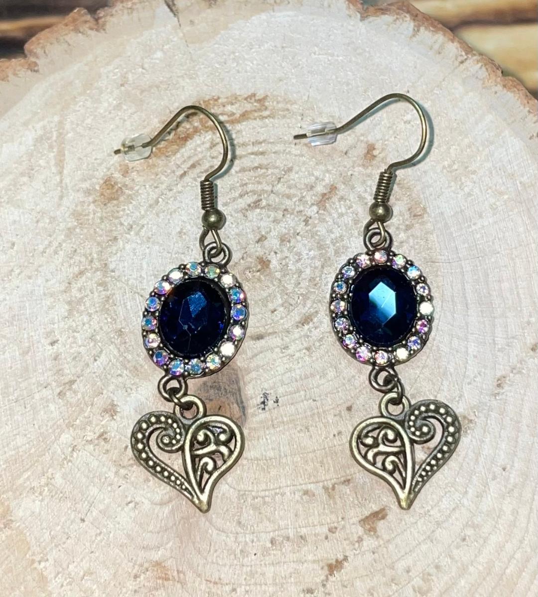 NEW Ocean Blue & Iridescent Rhinestone Dangle Drop Bronze Earrings