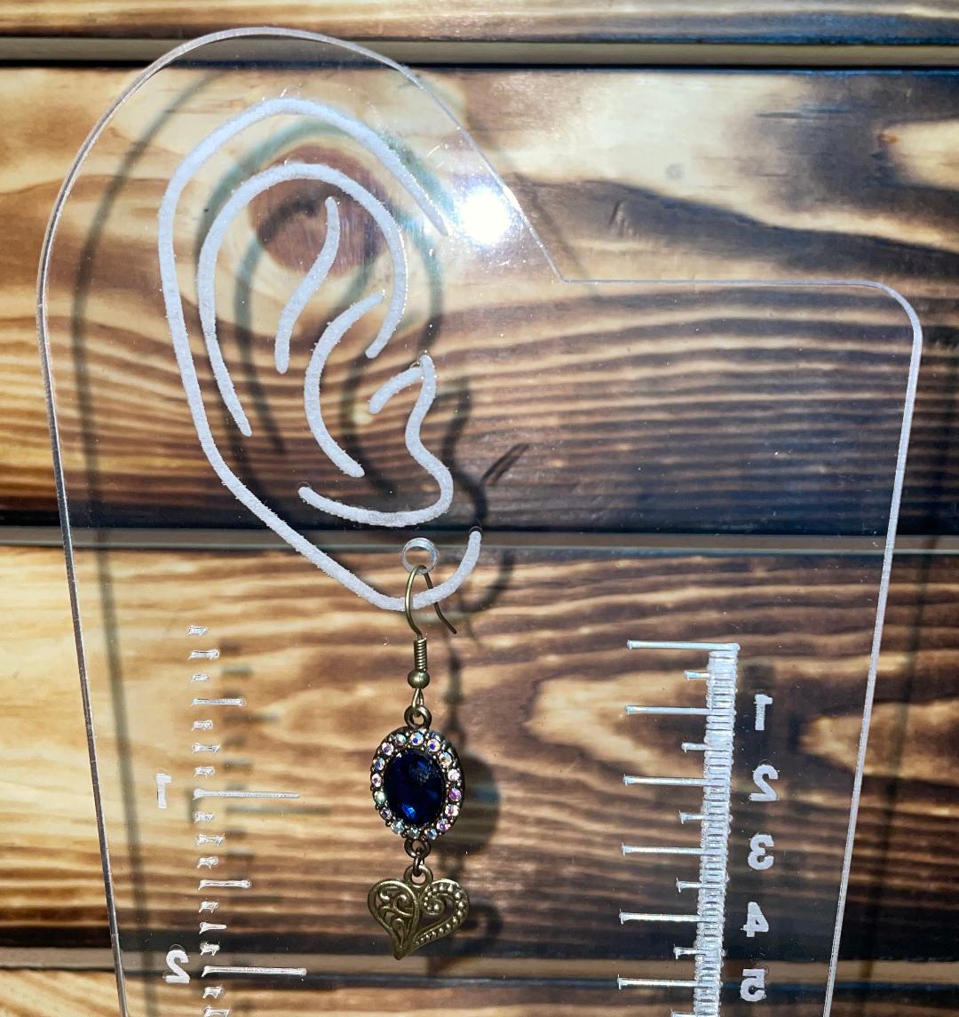 NEW Ocean Blue & Iridescent Rhinestone Dangle Drop Bronze Earrings