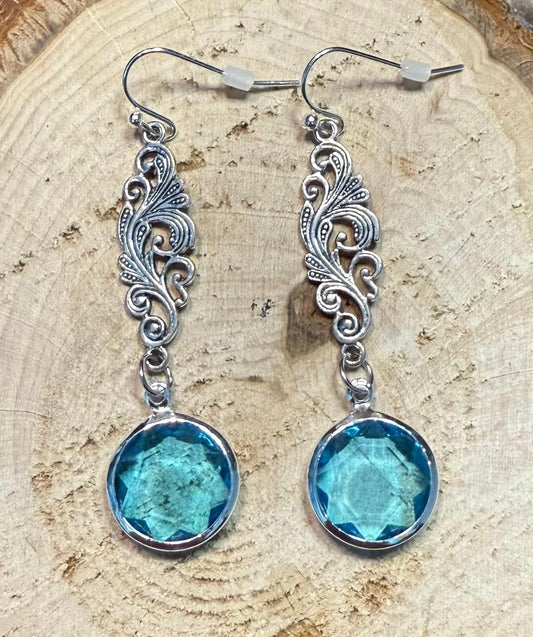 NEW Blue Stone Drop Earrings w/ Filigree Extender