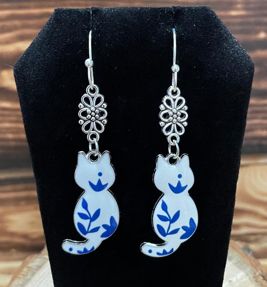 NEW Blue & White Boho Country Chic Enamel Cat Earrings