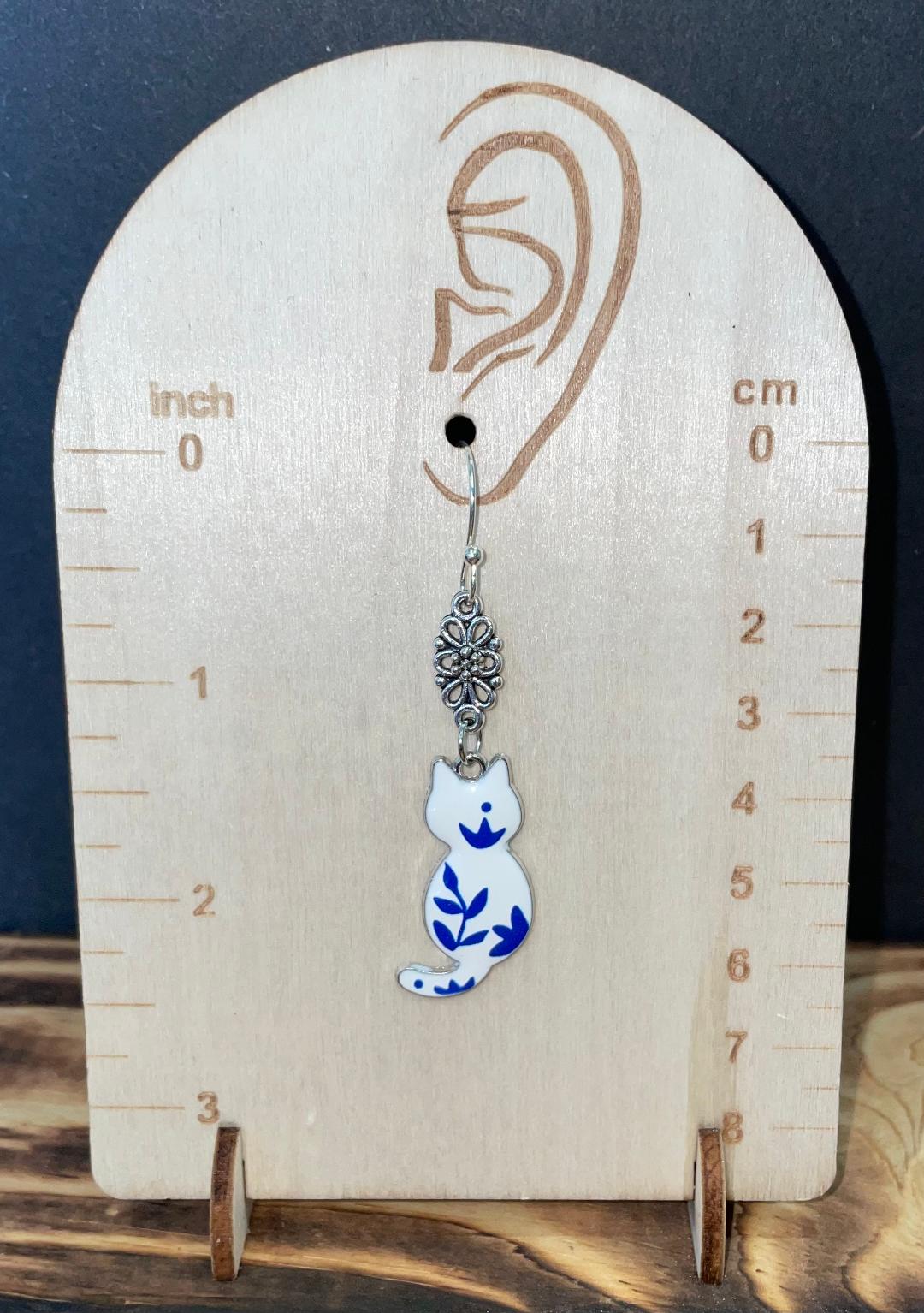 NEW Blue & White Boho Country Chic Enamel Cat Earrings