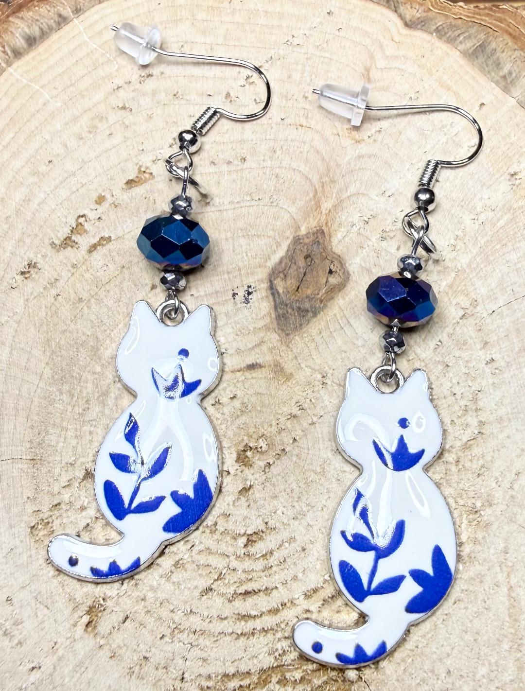 NEW Blue & White Boho Country Chic Enamel Cat Earrings w/ Blue Glass Beads
