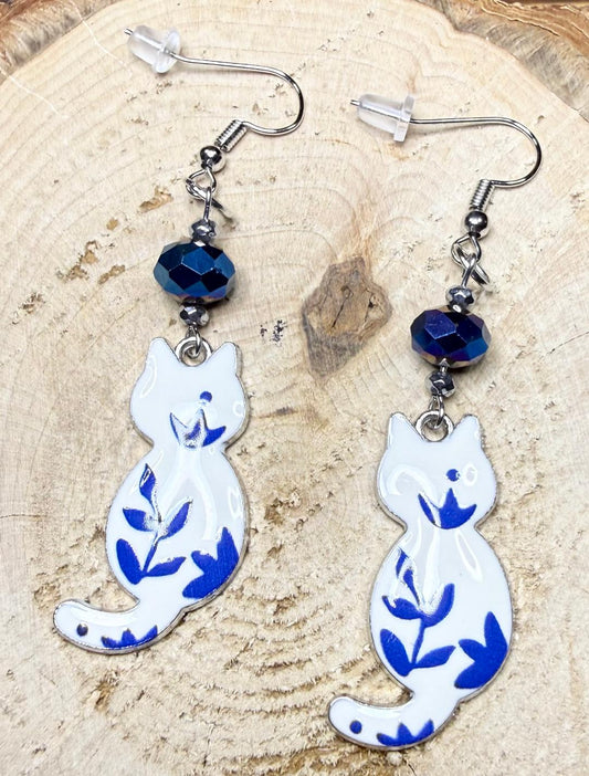 NEW Blue & White Boho Country Chic Enamel Cat Earrings w/ Blue Glass Beads