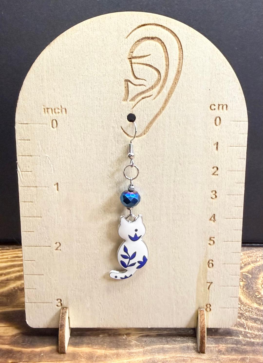 NEW Blue & White Boho Country Chic Enamel Cat Earrings w/ Blue Glass Beads