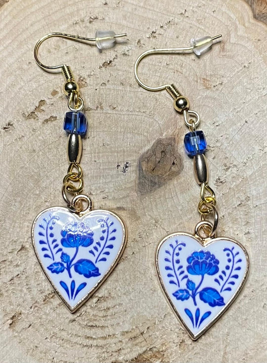 NEW White Heart Blue Flower & Bead Earrings