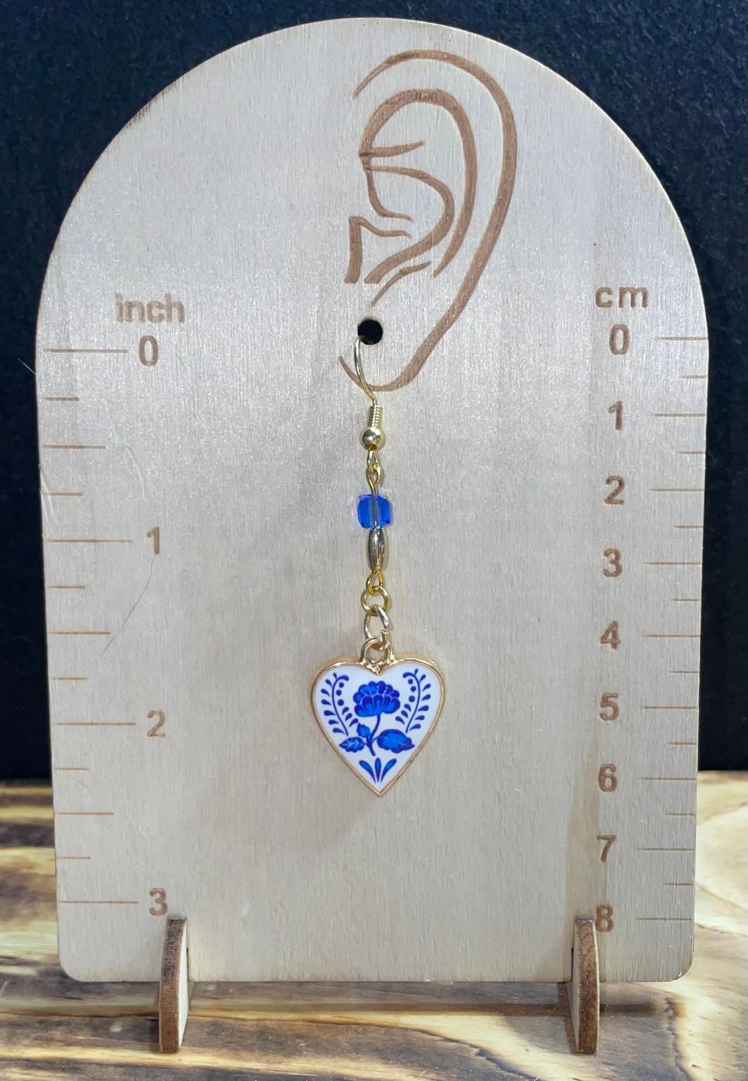 NEW White Heart Blue Flower & Bead Earrings