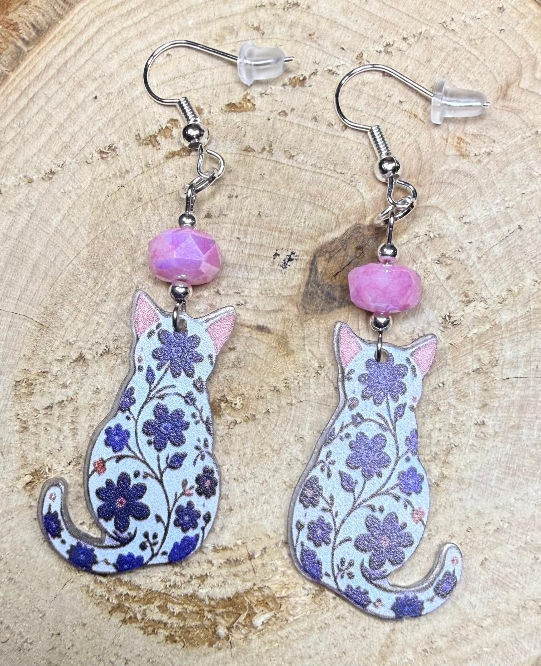 NEW Bohemian Floral Rear Facing Cat Acrylic Charm Earrings w/ Pink Glass Beads