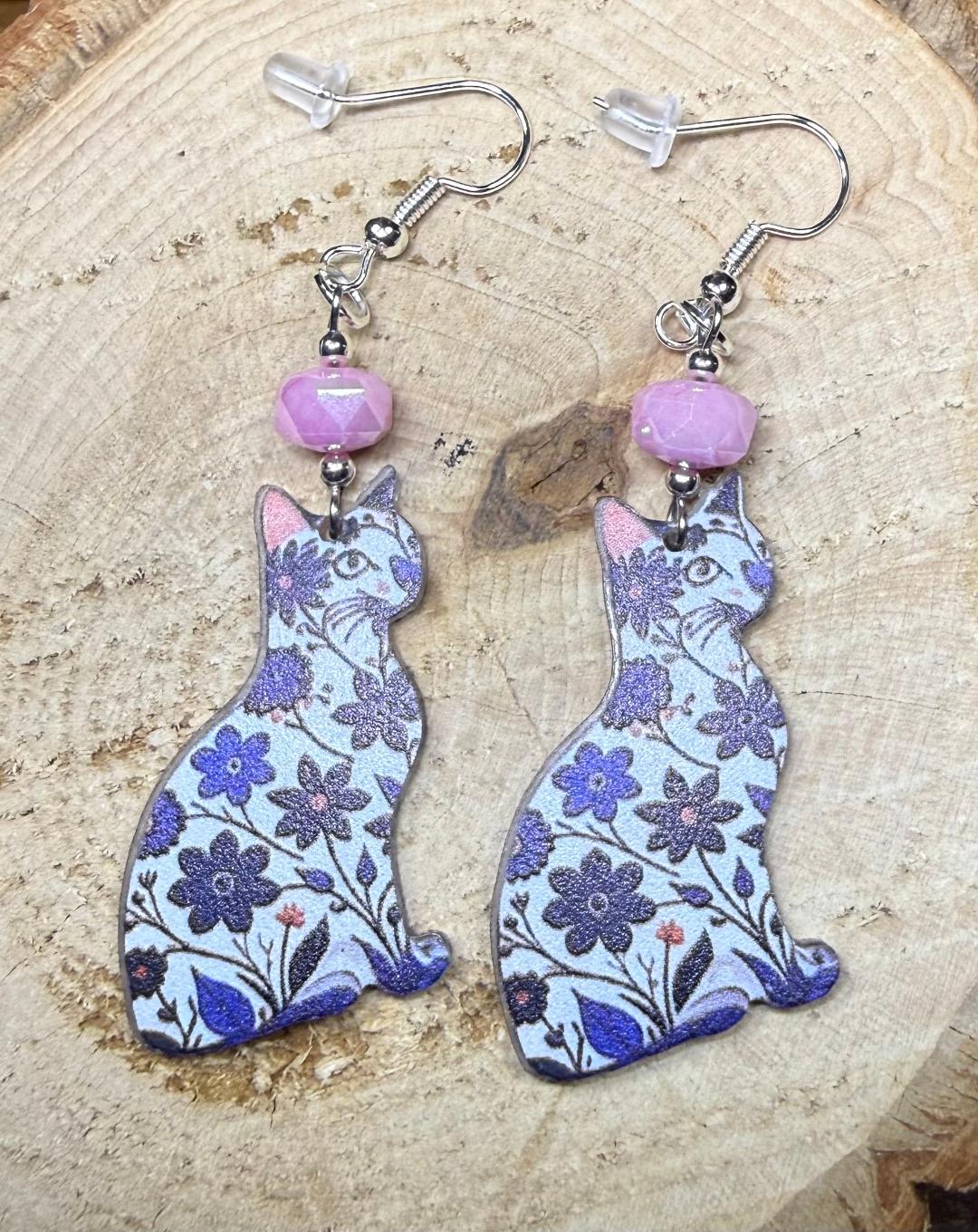 NEW Bohemian Floral Sitting Cat Acrylic Charm Earrings w/ Pink Glass Beads