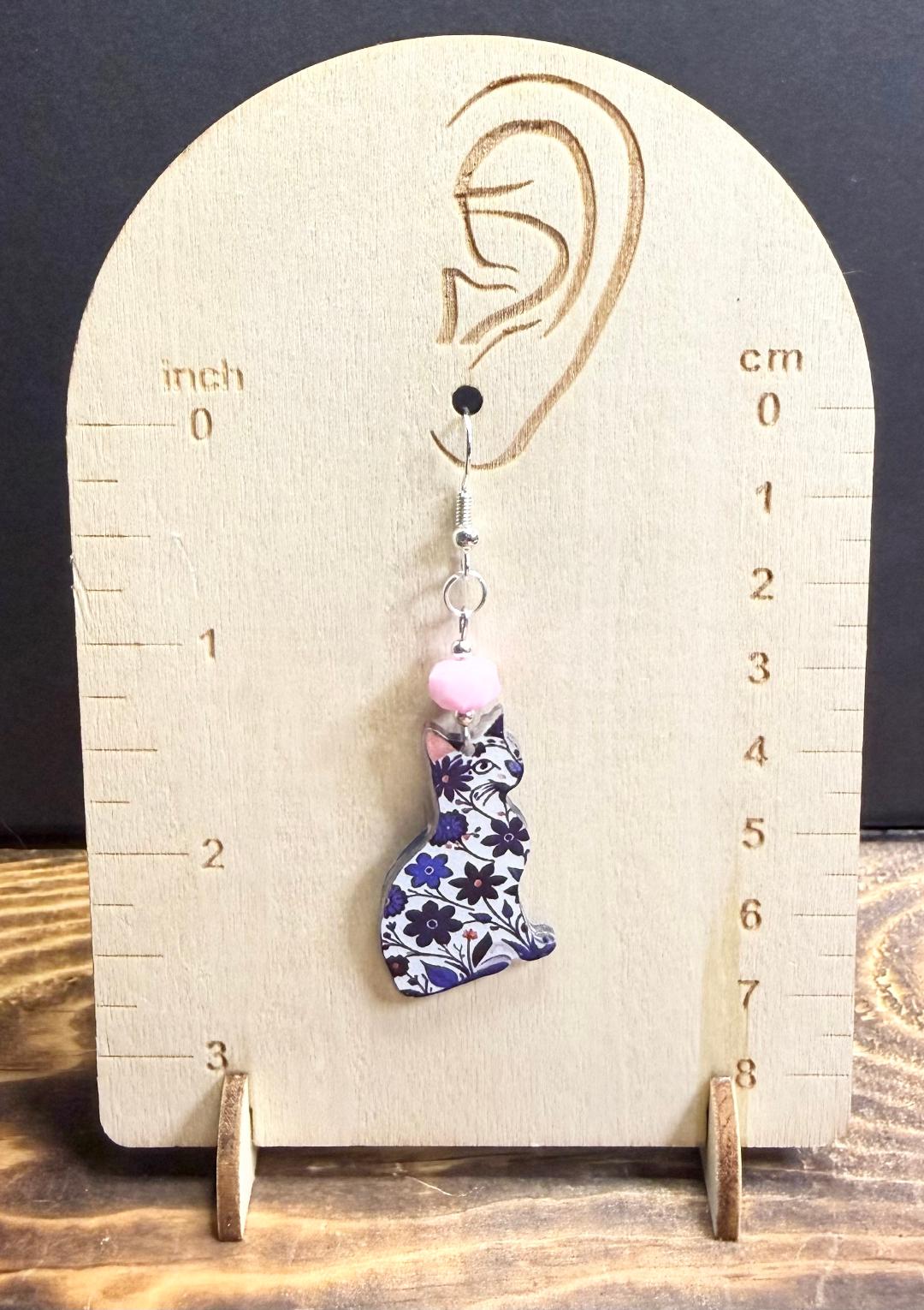 NEW Bohemian Floral Sitting Cat Acrylic Charm Earrings w/ Pink Glass Beads