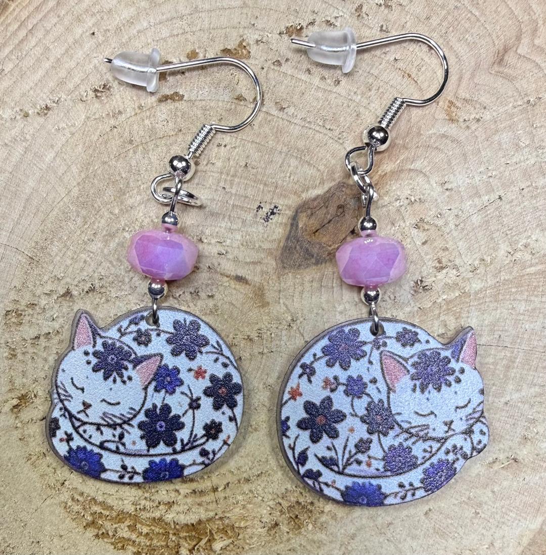NEW Bohemian Floral Sleeping Cat Acrylic Charm Earrings w/ Pink Glass Beads