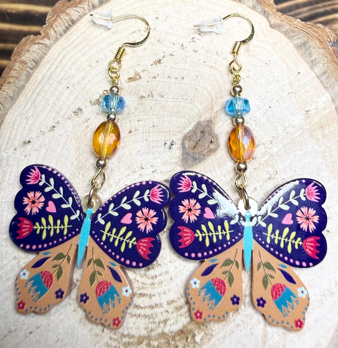 NEW Floral Boho Butterfly Charm Earrings w/ Amber & Teal Glass Beads