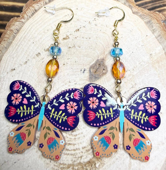 NEW Floral Boho Butterfly Charm Earrings w/ Amber & Teal Glass Beads