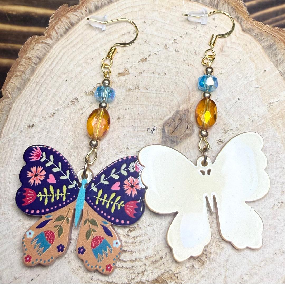 NEW Floral Boho Butterfly Charm Earrings w/ Amber & Teal Glass Beads