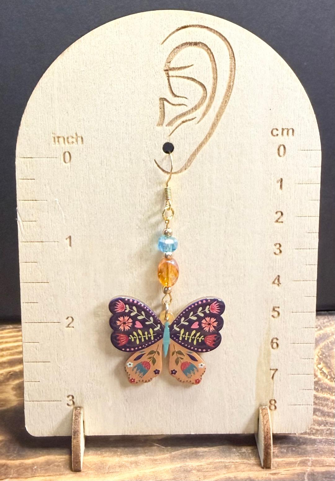 NEW Floral Boho Butterfly Charm Earrings w/ Amber & Teal Glass Beads