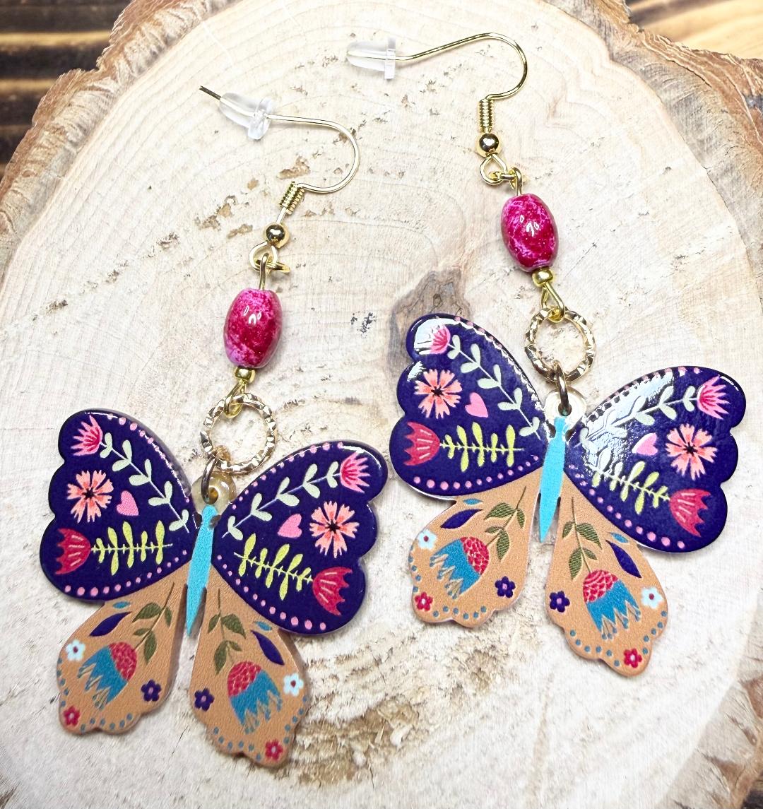 NEW Floral Boho Butterfly Charm Earrings w/ Oval Glass Beads