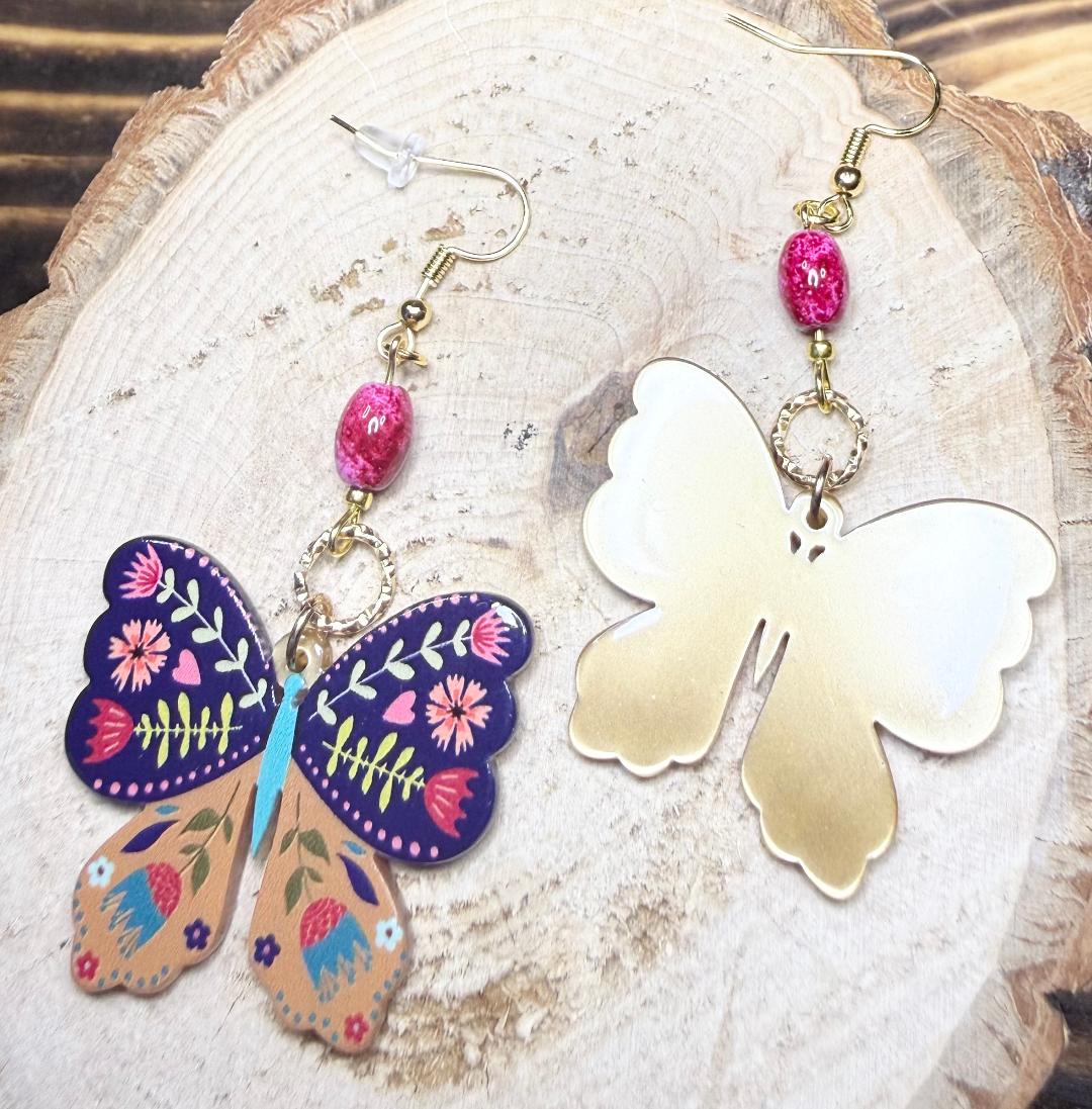 NEW Floral Boho Butterfly Charm Earrings w/ Oval Glass Beads