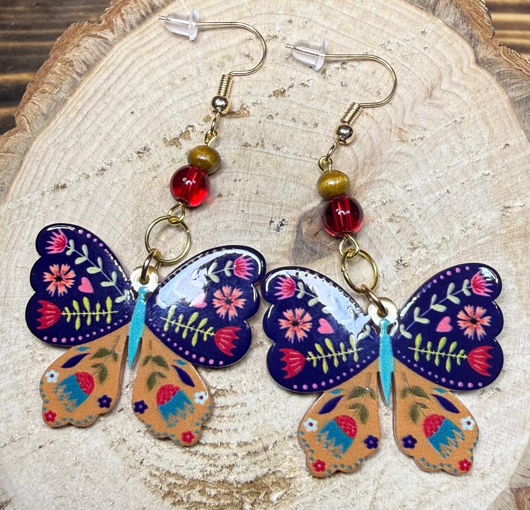 NEW Floral Boho Butterfly Charm Earrings w/ Red Glass & Wooden Beads