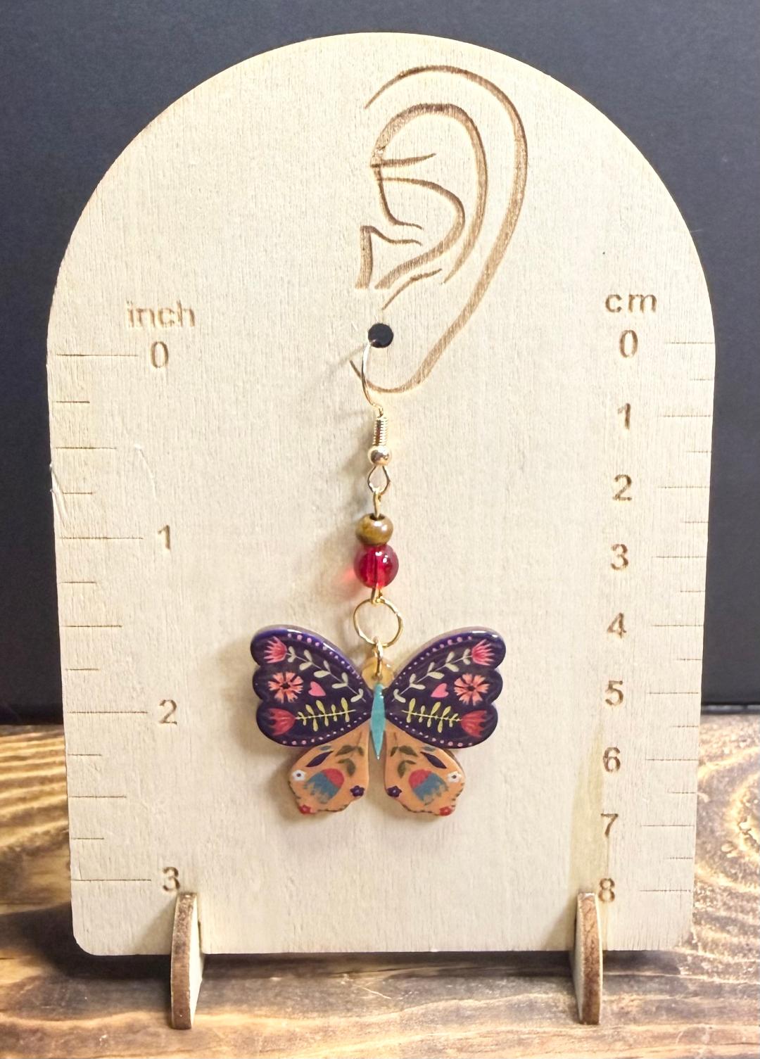 NEW Floral Boho Butterfly Charm Earrings w/ Red Glass & Wooden Beads