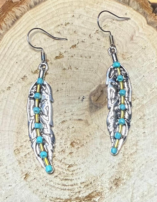 NEW Boho Long Silver Feather Earrings w/ Beads