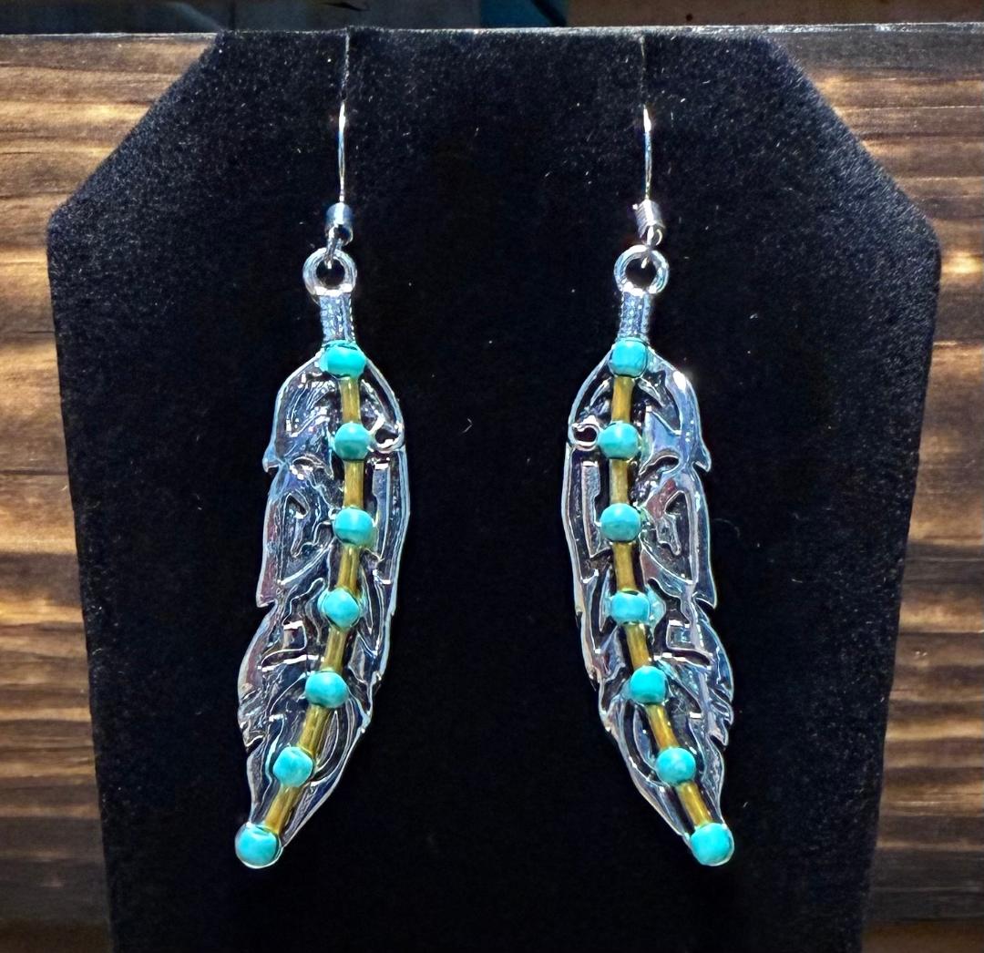 NEW Boho Long Silver Feather Earrings w/ Beads