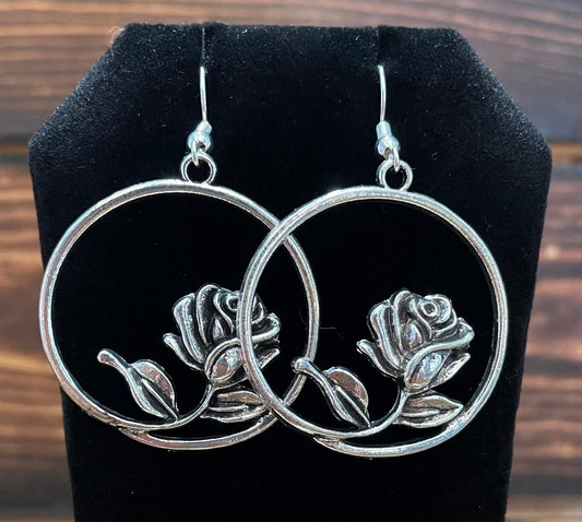 NEW Boho Silver Tone Hoop w/ Romantic Rose Earrings