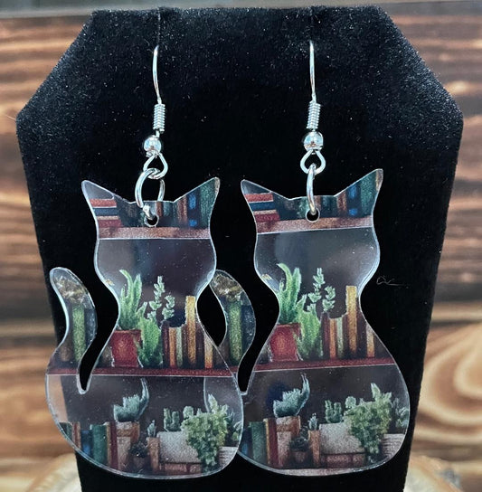 NEW Clear Acrylic Cat - Bookshelves & Plants Theme Earrings