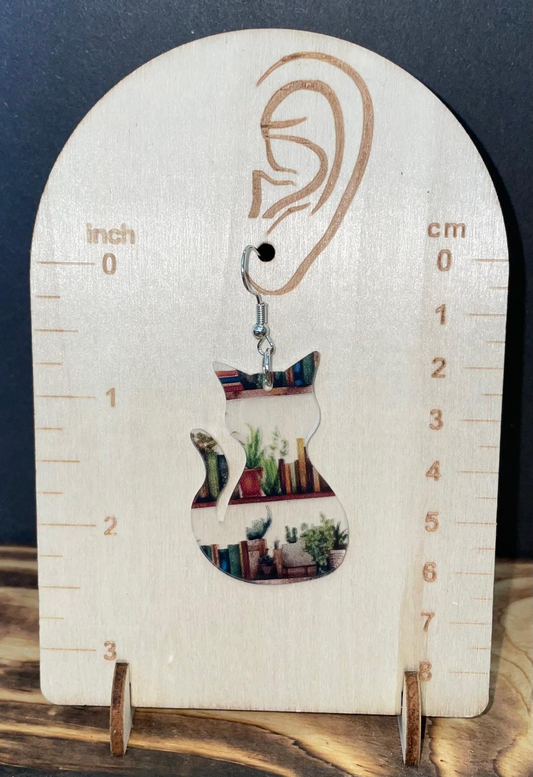 NEW Clear Acrylic Cat - Bookshelves & Plants Theme Earrings
