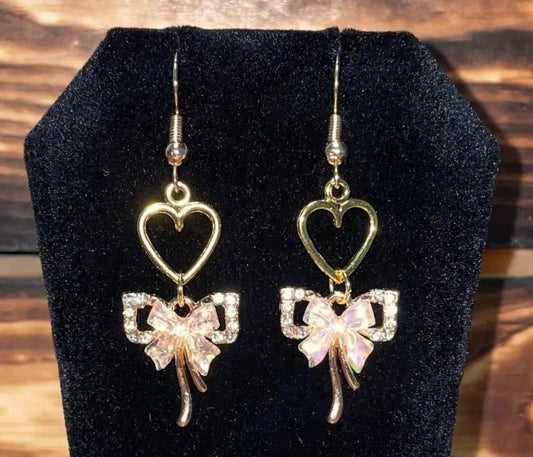 NEW Romantic Bow Heart Clear Rhinestone Gold Tone Dangle Drop Earrings