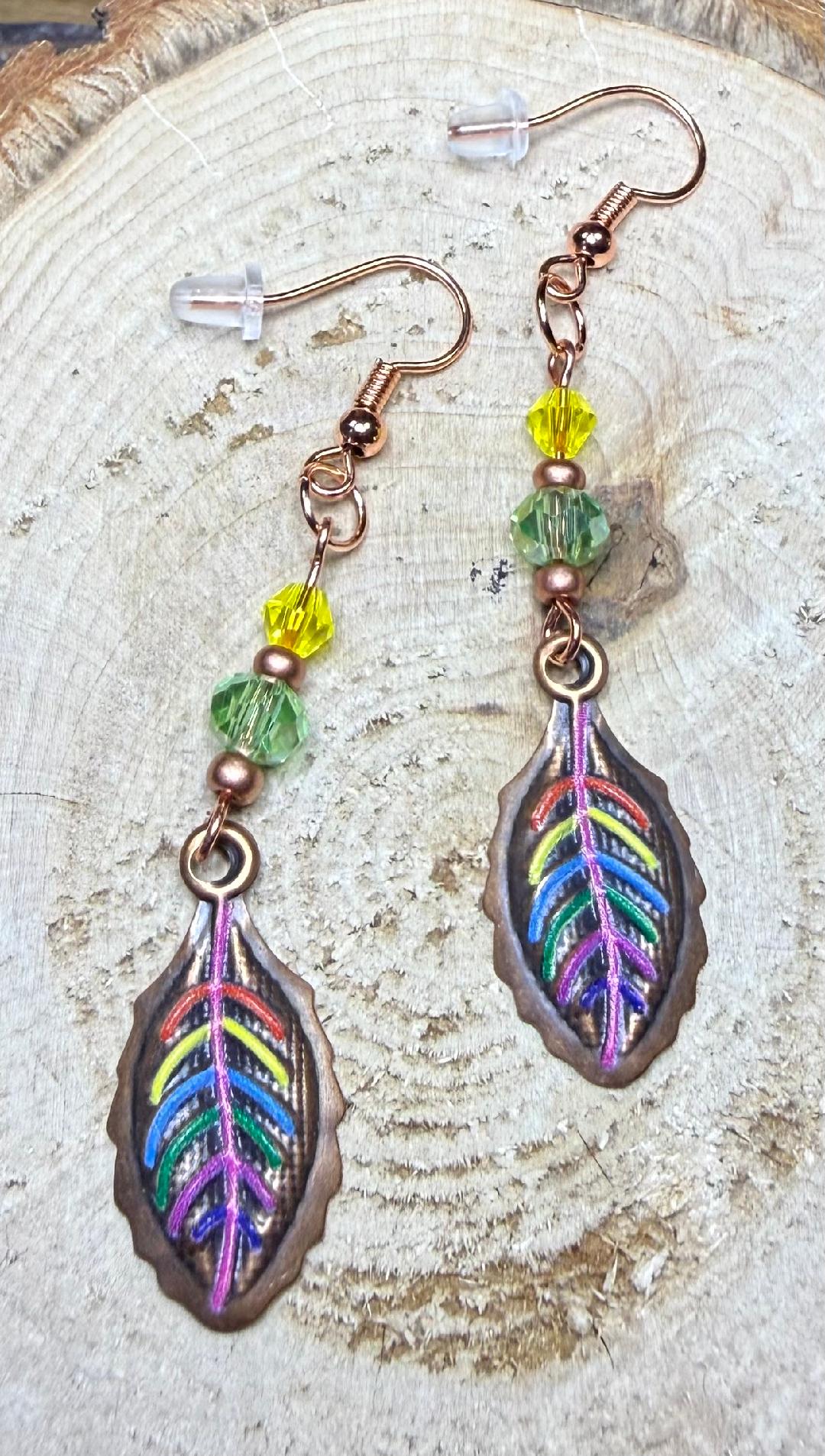 NEW Rainbow Leaf Copper Plated Earrings w/ Green & Yellow Glass Beads