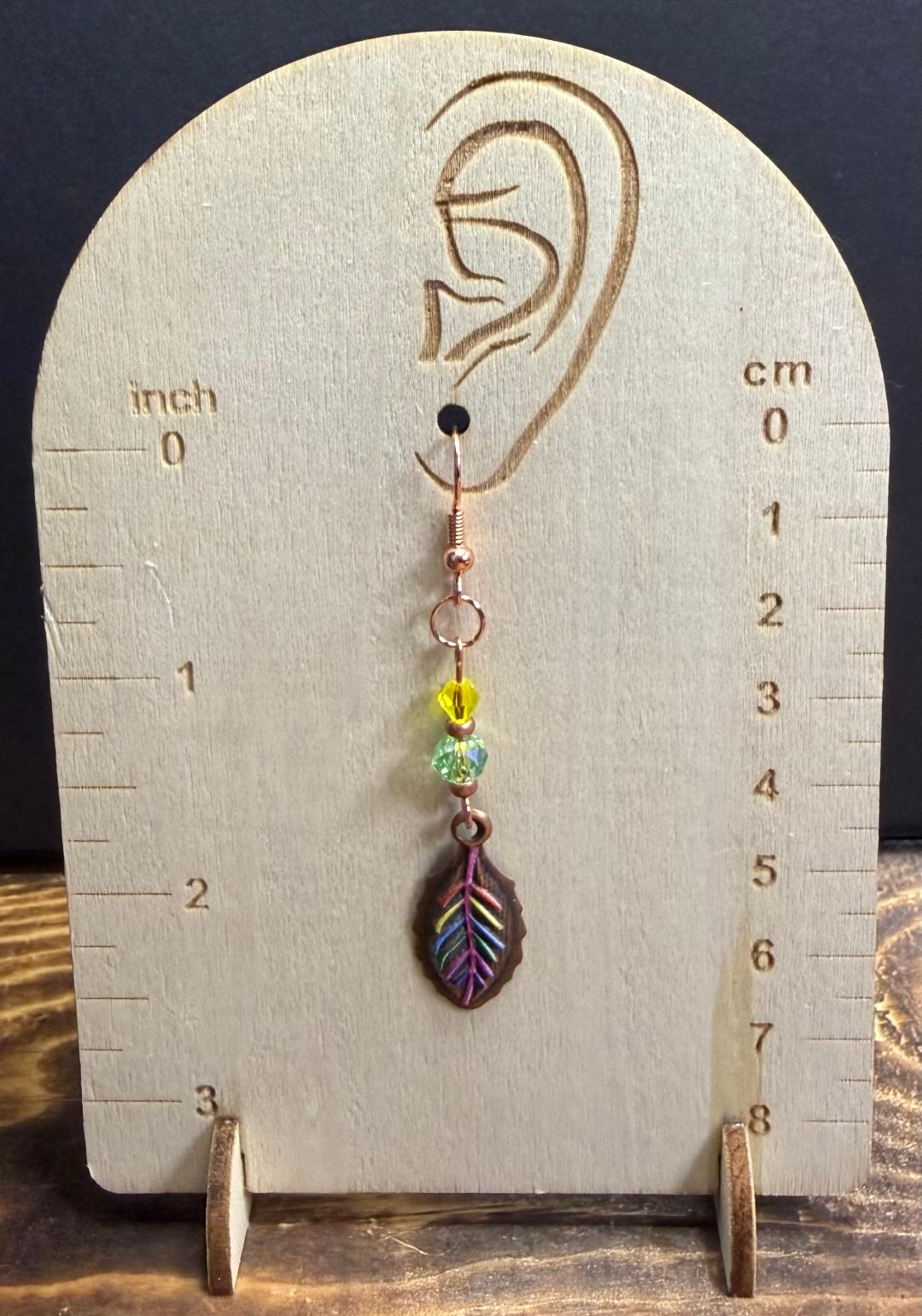 NEW Rainbow Leaf Copper Plated Earrings w/ Green & Yellow Glass Beads