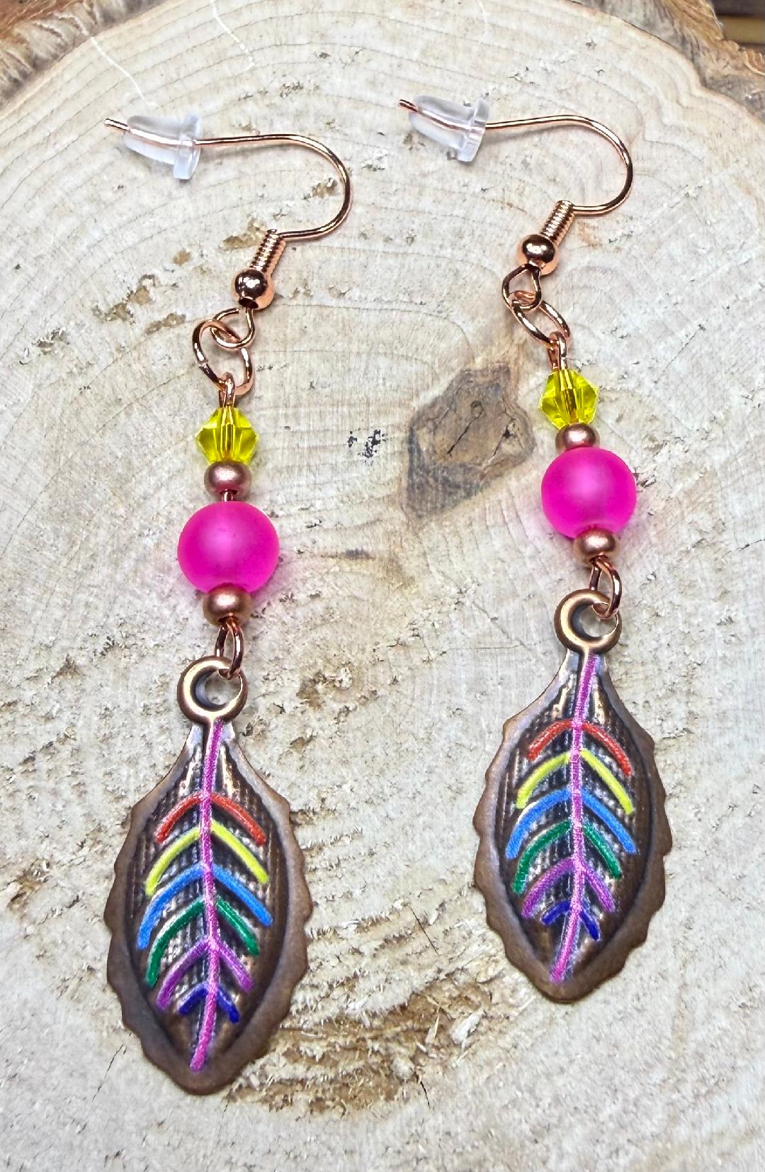 NEW Rainbow Leaf Copper Plated Earrings w/ Hot Pink Frosted & Yellow Glass Beads
