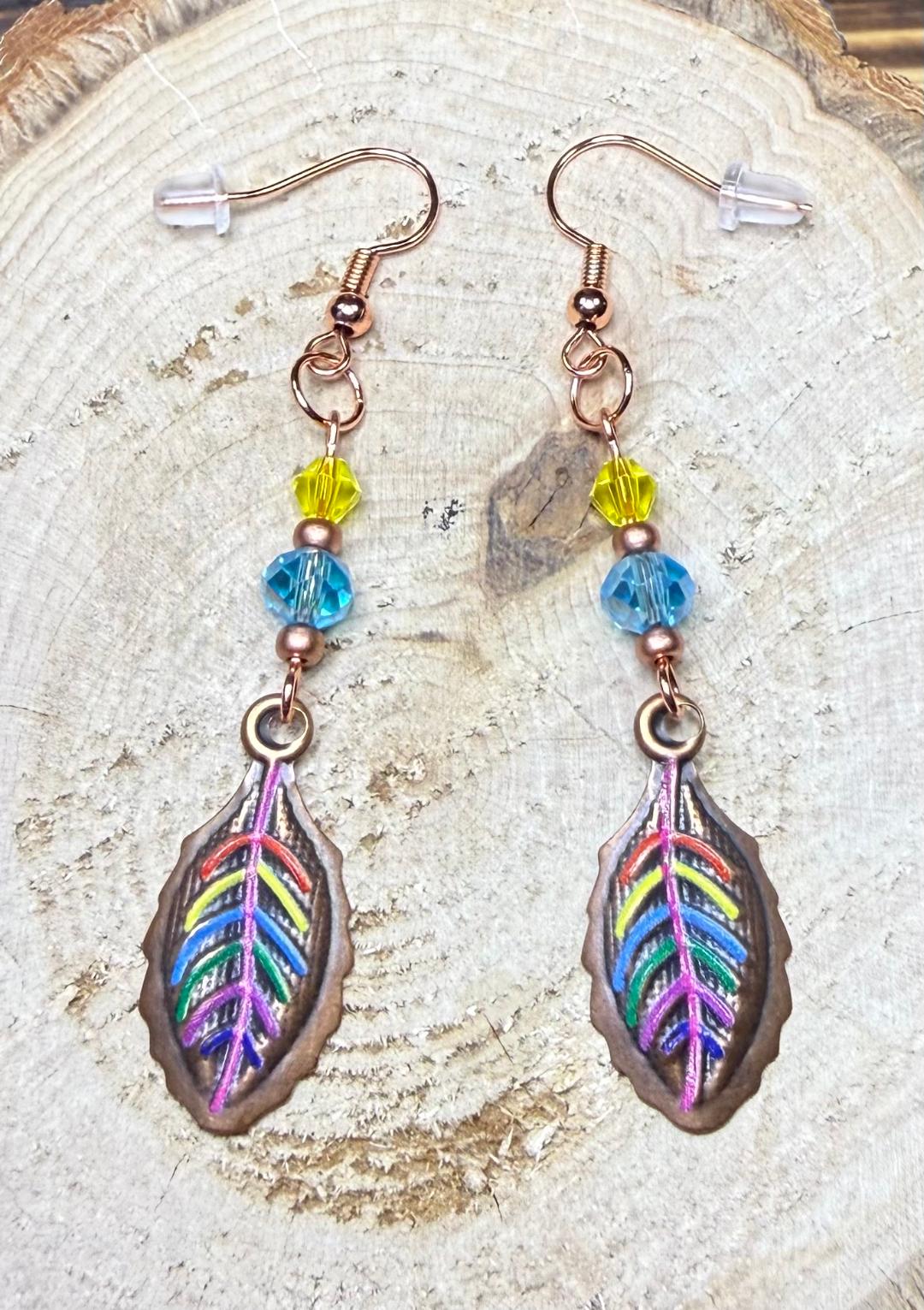 NEW Rainbow Leaf Copper Plated Earrings w/ Yellow & Teal Glass Beads