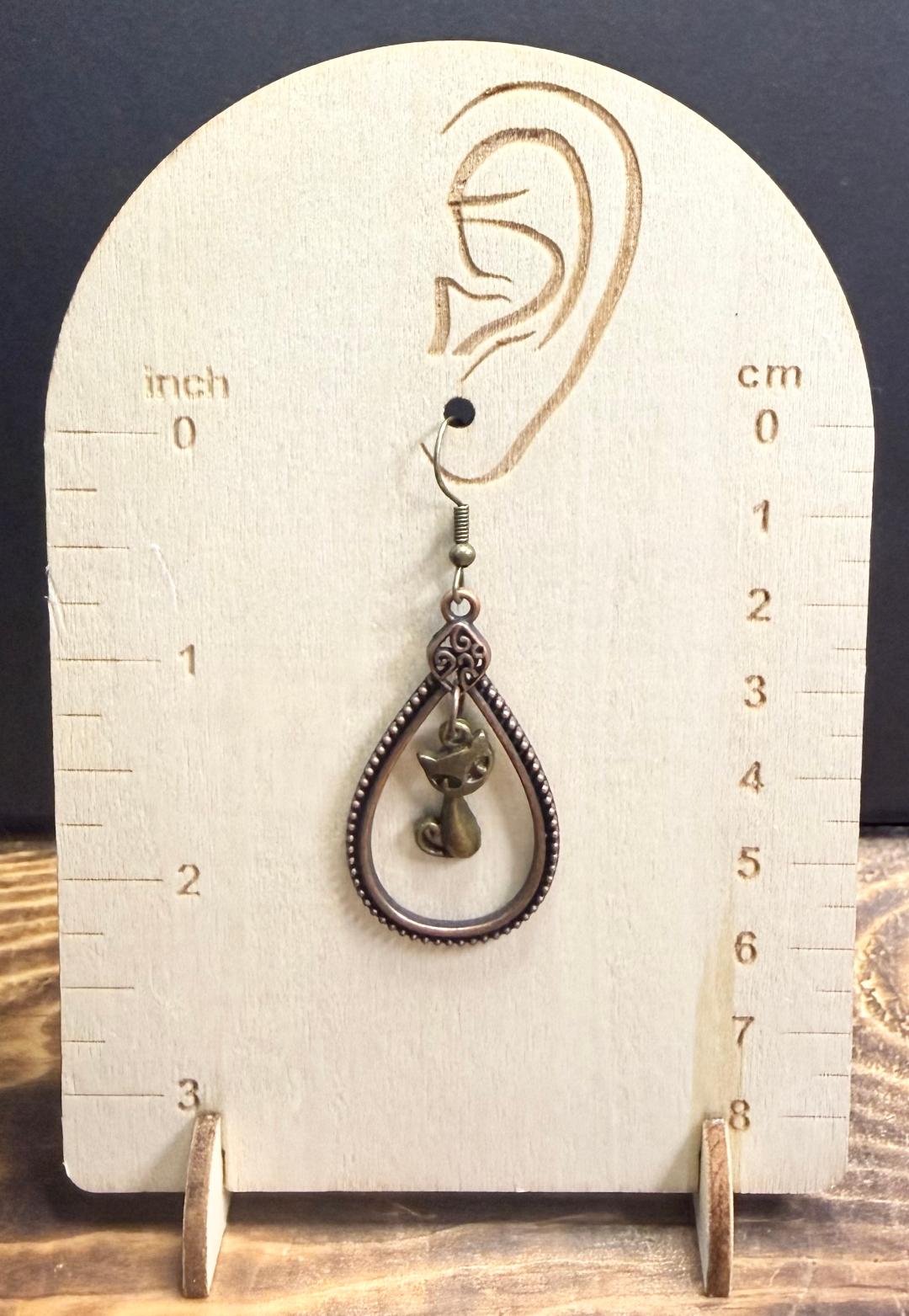 NEW Bronze Retro Cat Earrings in Teardrop Hoop