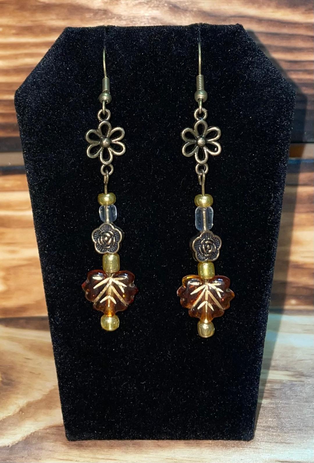 NEW Bronze Tone Boho HIppie Flower Amber Leaf Drop Dangle Earrings