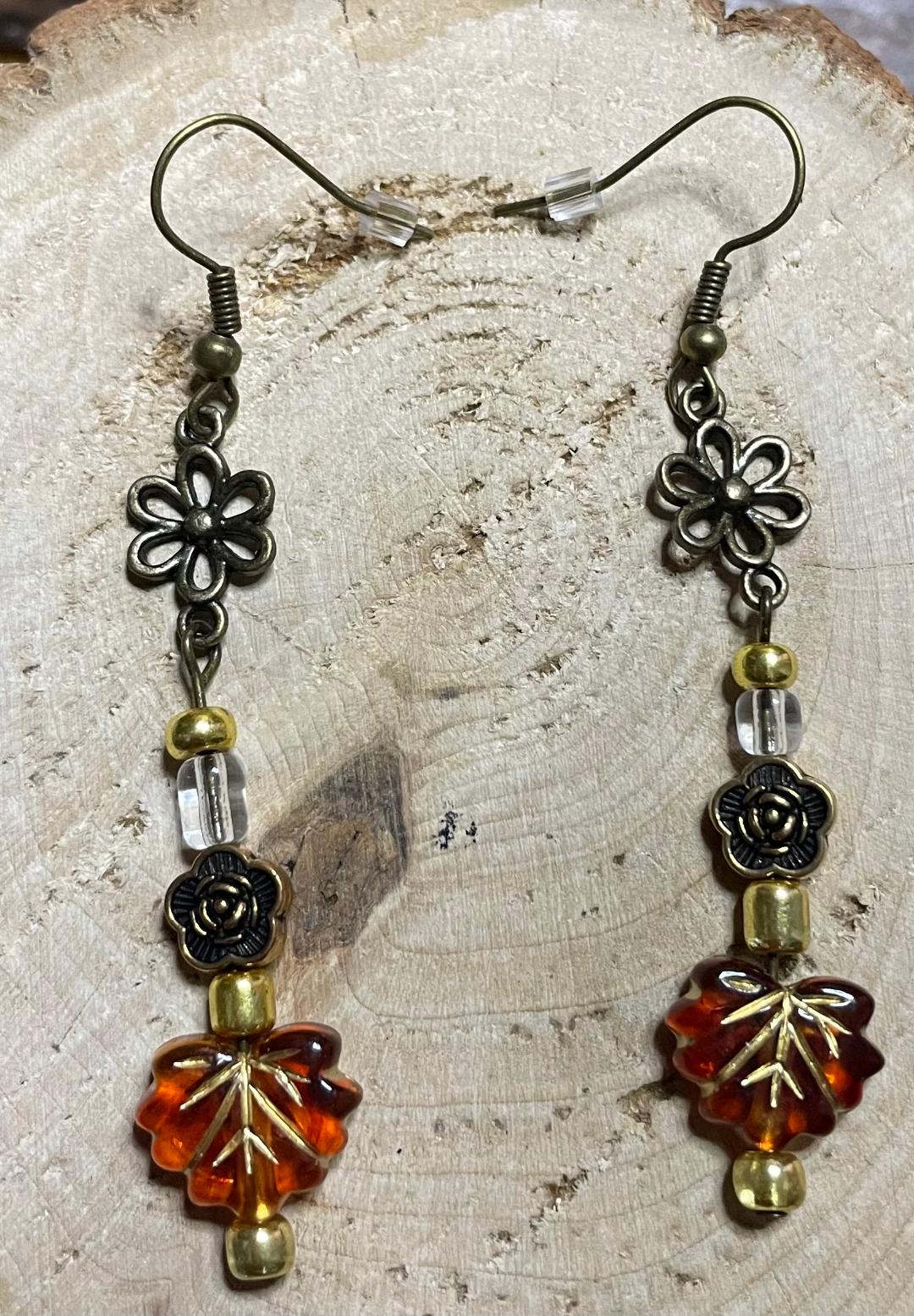 NEW Bronze Tone Boho HIppie Flower Amber Leaf Drop Dangle Earrings